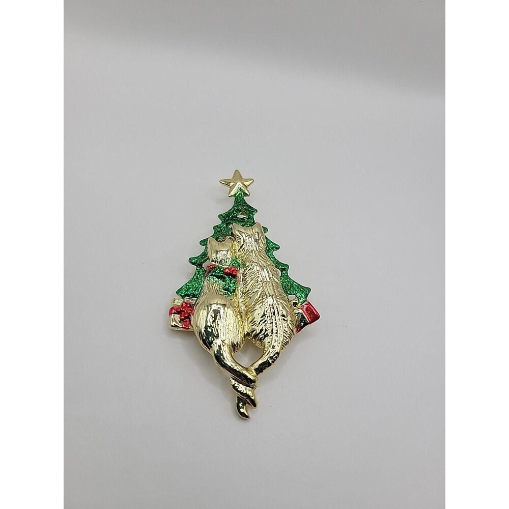 Vintage‎ AJC Christmas Cats Brooch: Gold Tone Glitter Enamel Tree Pin - Picture 5 of 10